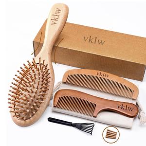 Wooden Hair Brush and Comb, One-piece Design, Reduce Frizz and Static, Massage Scalp, Detangling Paddle Hairbrush for Women, Girls, Kids, Includes Cleaning Claw, 5 Wood Bristles