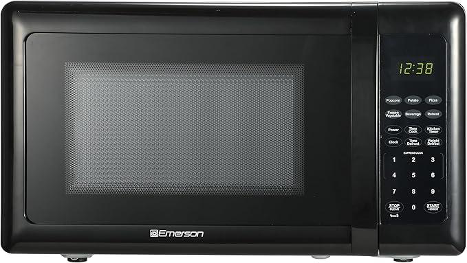 Emerson MW7302B Compact Countertop Microwave Oven with Touch Control, LED Display, 700W, 10 Power Levels, 6 Auto Menus, Glass Turntable and Child Safe Lock, 0.7 Cu., Ft. Black