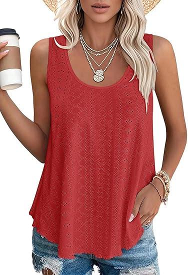 VUTRU Womens Tank Tops Sleeveless Eyelet Loose Casual Summer Flowy Square Neck Beach Vacation Clothes 2025 (X-Large, Black)