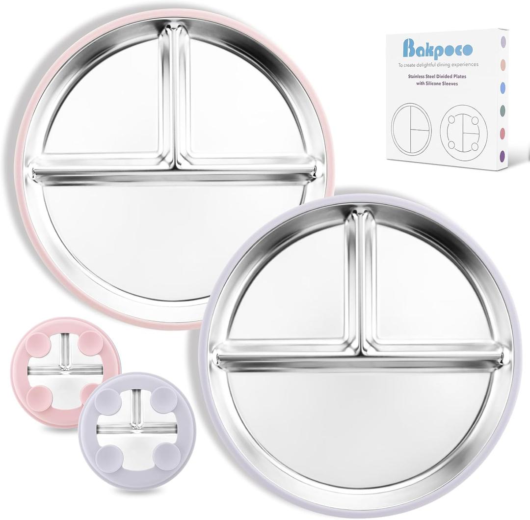 Bakpoco Stainless Steel Baby Plate with Suction, 9 Divided Toddler Plates with Removable Silicone Sleeves for Kids, Non-Toxic Non-Slip Unbreakable Dishwasher Safe Dinnerware Set of 2, Pink & Lilac
