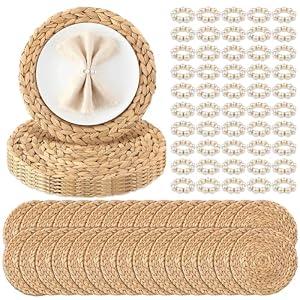 50 Set 13 Inch Round Woven Placemats with Pearl & Rhinestone Napkin Rings