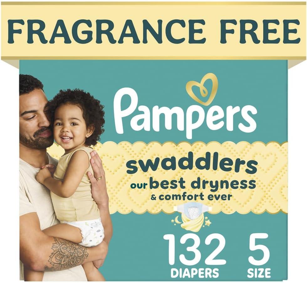 Pampers Swaddlers Diapers, Size 5 (20-37 lbs), 132 Count, Absorbent, Keeps Baby Dry and Comfortable, Skin Safe Disposable Baby Diaper