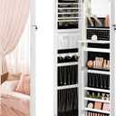 SONGMICS 55 Inches Tall Spacious Jewelry Cabinet, Jewelry Armoire with Light-Up Interior Mirror, Wall or Door Mounted Jewelry Storage Organizer, Lockable, Gift Idea, Cloud White UJJC032W01