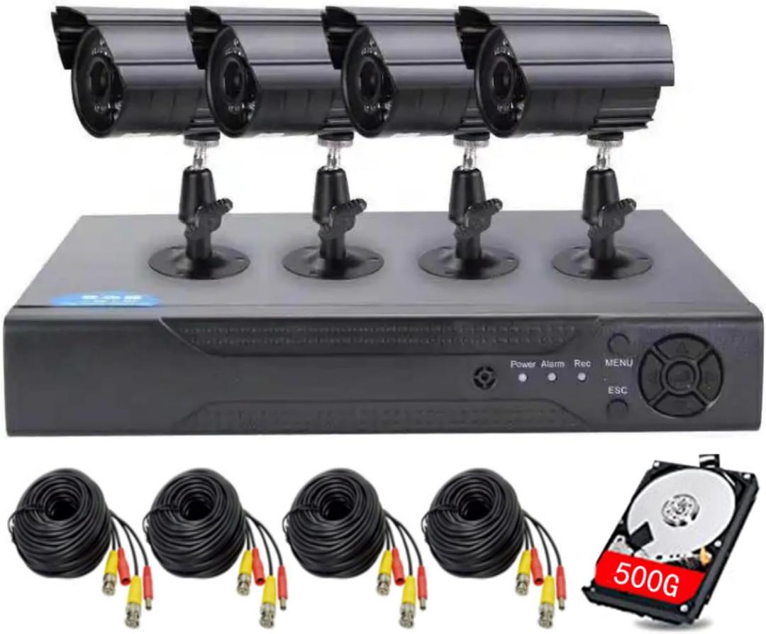 4CH DVR Wired CCTV Security System with 4pcs 1080P Metal Waterproof Surveillance Camera Infrared Night Vision Motion Detection for Indoor Outdoor 24/7 Recording (Include 500GB HDD) Remote Access (Black)