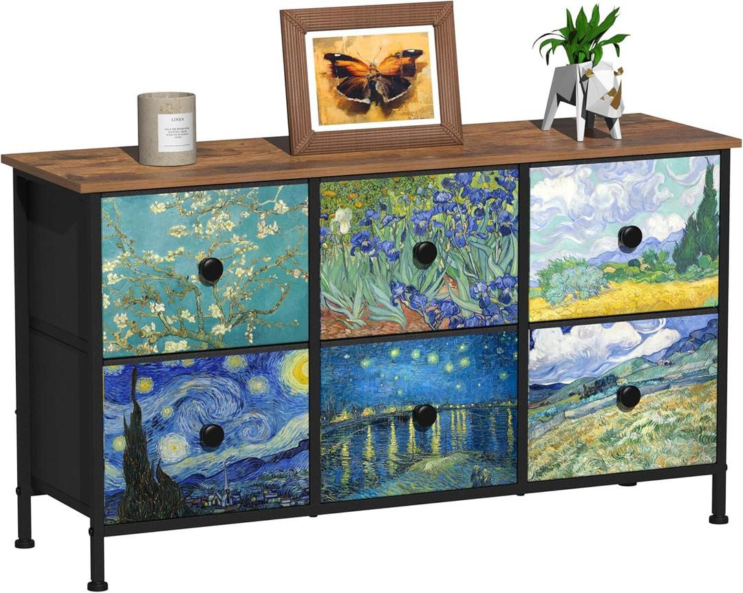 EXOTICA 6 Drawer Dresser for Bedroom Van Gogh Chest of Drawers Wide TV Stands Fabric Storage Drawer Unit for Living Room Entryway Closet Sturdy Steel Frame Wood Top, 