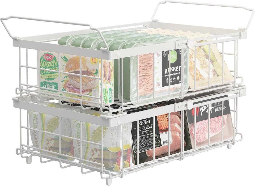 UMDONX 2 x White Freezer Baskets - Stackable Handle Freezer Baskets for 283 to 566L Freezer, Organize Frozen Ingredients, Extendable Length (29-45 x 30 x 15 cm)