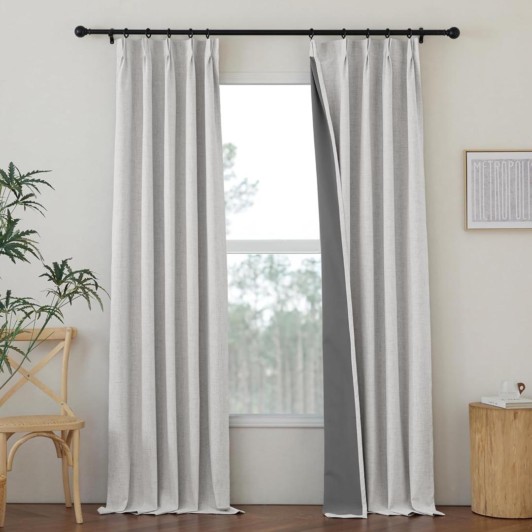 NICETOWN Natural Living Room Curtains 108 inch Length 2 Panels, Pinch Pleated 100% Blackout Curtains Linen Blend Thermal Insulated Voice Reducing Window Treatments for Bedroom, W34 x L108