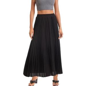 TEERFU Womens Elastic High Waist Long Pleated Skirt Tiered Boho Swing A line Beach Maxi Skirt, M