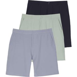 Real Essentials 3 Pack: Mens 9" Stretch Golf Shorts with Pockets - Flat Front Casual Work Dress Short for Men (X-Large, Set 7)