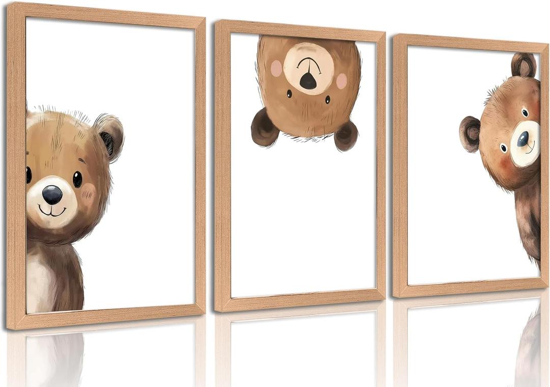 Framed Baby Bear Nursery Wall Art Peeking Bear Pictures Wall Decor Peekaboo Kids Room Decor Woodland Animal Posters Neutral Nursery Painting Canvas Print Artwork for Children's Baby Room Bedroom, 24L''X16W''-Wood Framed