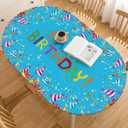 Horaldaily Regular Fitted Tablecloth 68 x 48 Inch Oval, Colorful Happy Birthday Gifts Blue Washable Table Cover Elastic Edged for Dinning, Picnic, Camping, Banquet