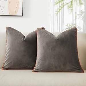 JUSPURBET Set of 2 Ash Velvet Decorative Pillow Covers 18x18 Inch Plush Accent Cushion Cases with Piping and Hidden Zipper for Sofa Couch Living Room Decor