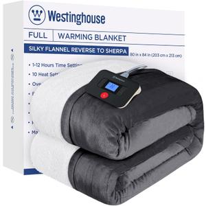 Westinghouse Electric Blanket Full, Heated Blanket Full Size with 10 Heating Levels and 1 to 12 Hours Heating Time Settings, Flannel to Sherpa Reversible, Machine Washable (80" x 84", Charcoal)