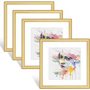 4x4 Picture Frame Set of 4, Gold Matte Thin Metal, Square Frame for Desk and Wall Mounting, Aluminum Floating Photo Frame Bulk Collage, Fit 3x3 with Mat or 4 x 4 without Mat (4 Pack)