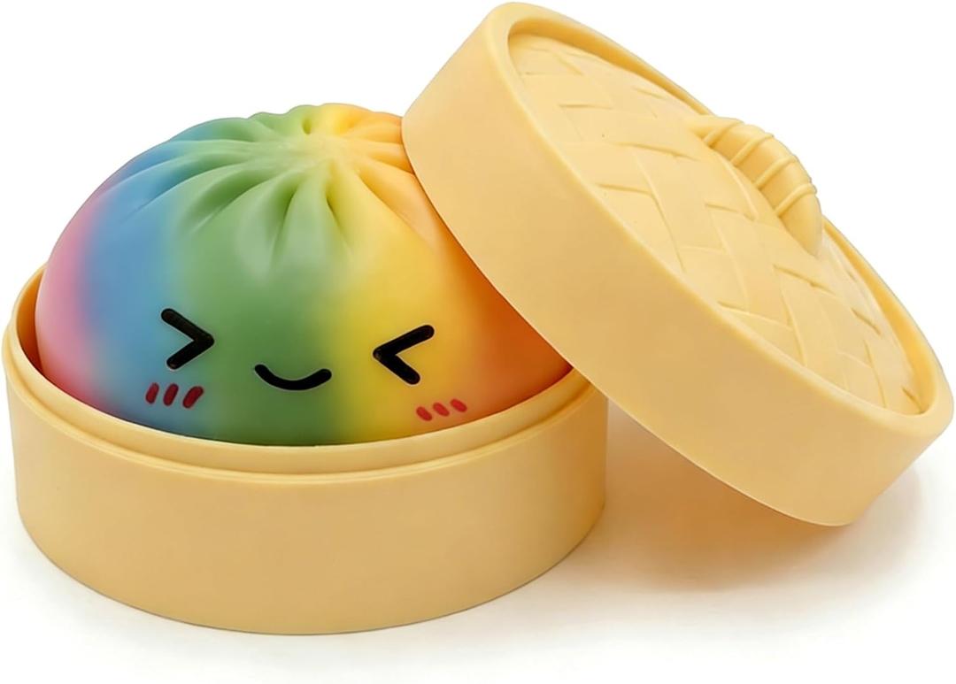 Rainbow Dumpling Squishies with Box, New Mystery Squishys Dumplings Stress Relief Balls Fidget Sensory Toy,Bao Bun with Food Steamer Stretchy Desk Squeeze Toys