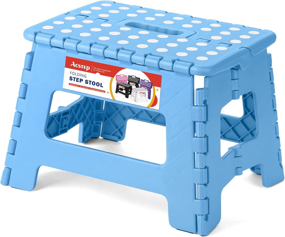 ACSTEP Folding Step Stool - Lightweight, Plastic Step Stool, 9 inch Foldable Step Stools, Non Slip Folding Stools for Kitchen Bathroom Bedroom (Blue)