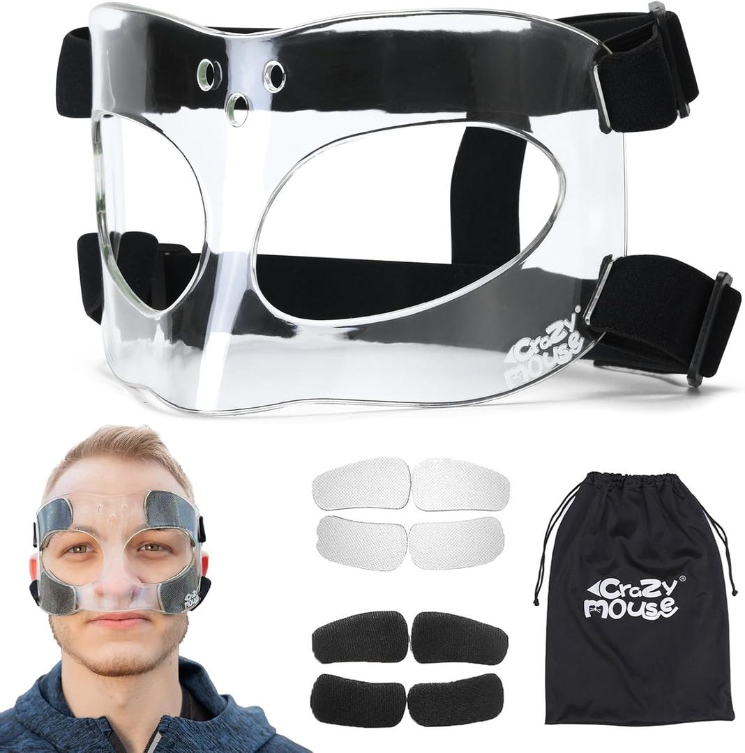CrazyMouse CM01A Nose Guard for Broken Nose Adjustable Basketball Soccer Sports Face Shield Mask with Foam Padding for Adults Women Men Youth Teens (Clear+H Belt)