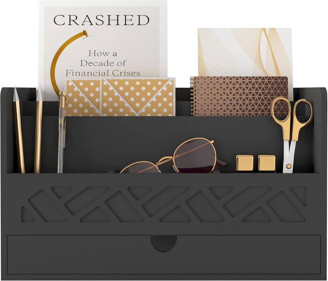 Bamboo Mail Organizer Countertop Desktop with Drawer - Desk Organizer with File Organizer for Office Supplies All-in-One Desk File Organization with Pencil Holder for Paper Letter Envelope Bill (1 Black)