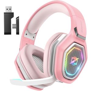 2.4GHz Gaming Headset Wireless with Flip Mic for Ps5, Ps4, PC, Gaming Headphones with USB-A & USB-C Transmitter, 40Hr Battery Bluetooth Headset for Laptop, Mobile, Mac (Pink)