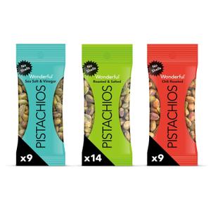 Wonderful Pistachios No Shells, 3 Flavors Mixed Variety Pack of 32 (0.75 Ounce), Roasted & Salted Nuts (14), Chili Roasted (9), Sea Salt & Vinegar (9), Protein Snacks, Bulk Snacks Individually Wrapped