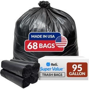 Reli. 95 Gallon Trash Bags Heavy Duty | 68 Trash Bags | Super Sizeable, Black, Garbage for Serious Cleanup