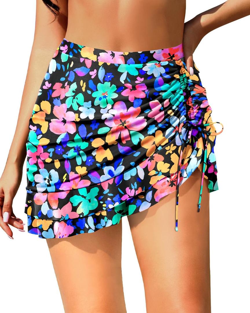 Pinup Fashion High Waisted Swim Skirt - Women Drawstring Ruched Bathing Suit Bottoms with Built-in Brief (Large, Colorful Floral)