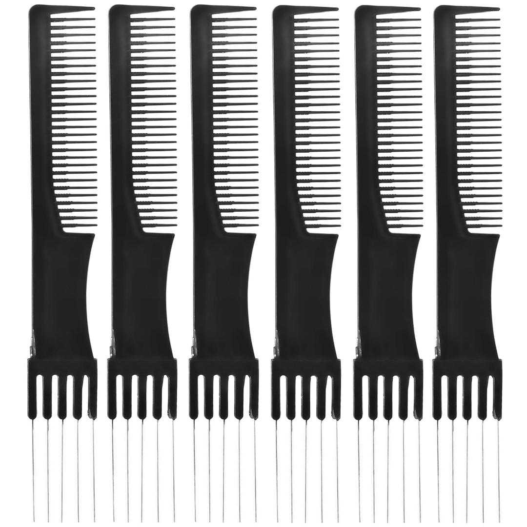 2 x FUTAI Salon Style Hair Combs Black 6 Packs Handmade Hair Pick Barber Comb Carbon Fiber Lift Teasing Comb with Stainless Steel Metal Prong