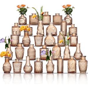 Glass Bud Vases Set of 32 - Amber Assorted Small Mini Glass Vases for Flowers, Crystal Vintage Vase Set, Bulk Centerpieces for Table Dcor, Wedding, Home and Events (Amber, 32 Pcs)