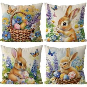 Easter Pillow Covers 18x18 Inch Set of 4 Bunny Eggs Throw Pillow Covers Easter Floral Butterfly Decorative Pillowcase Cushion Case for Home Sofa Living Room Farmhouse Decorations