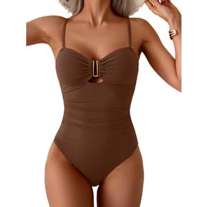 Eomenie One Piece Swimsuit for Women Tummy Control Ruched Bathing Suit Cutout U Wire Swim Suits (Large, Brown)