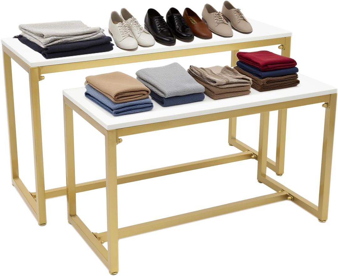 Gold 2-Piece Set Retail Display Tables Modern Nesting Tables - Metal Display Riser Shelf for Shoes, Handbags, Home, Clothing Shops & Retail Stores - 110lbs Load Capacity
