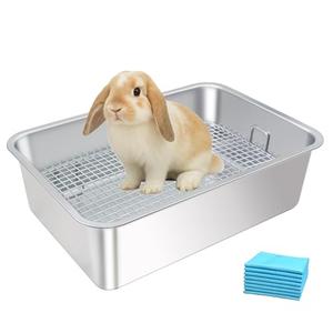 HUQIZOO Stainless Steel Rabbit Litter Box,Bunny Litter Pan with Widened Grid,Toilet Tray,High Back Wall,Deep Waste Storage (Medium)