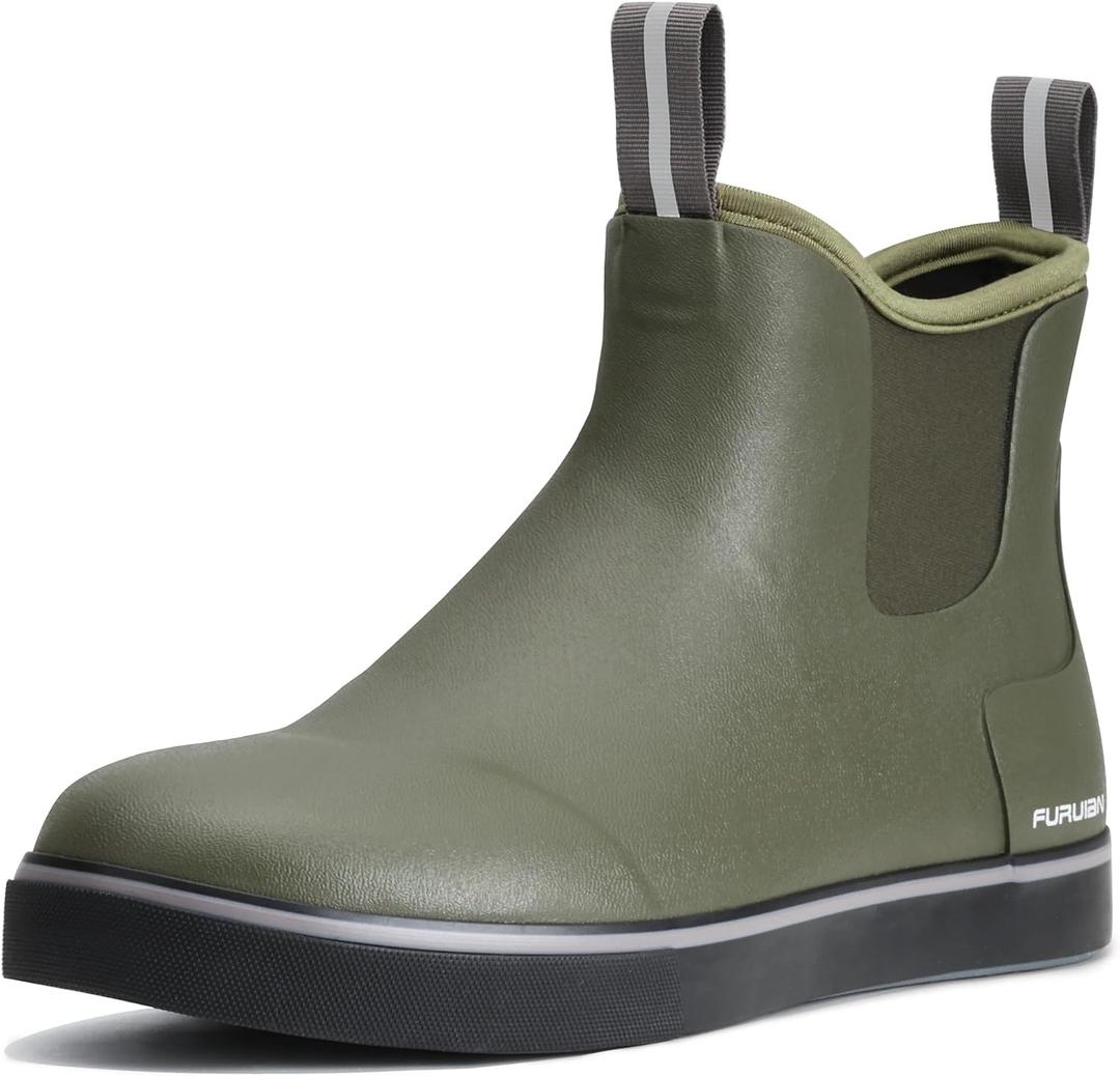 Furuian Men's Deck Boots Fishing Boots Waterproof Rain Boots Ankle Booties Slip On Neoprene Rubber Footwear Chelsea Boots Men botas para hombre for Gardening Fishing Boating Camping Sailing (11, Green)