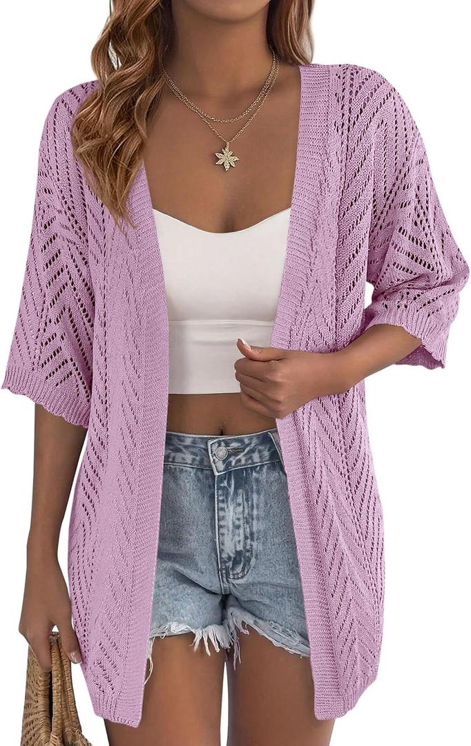 PRETTYGARDEN Women Lightweight Summer Short Sleeve Cardigan | Knit Crochet Beach Cover Up, Boho Fashion, Casual Drop Shoulder, Soft Comfy Clothes for Travel, Vacation & Cruise Wear (Purple) M