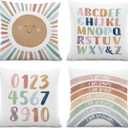 Kids Playroom Decor,Boho Sun Alphabet Throw Pillow Covers,Kids Reading Nook Decor Pillowcase for Classroom Playroom Nursery,18x18 Inch Pillowcase, Set of 4