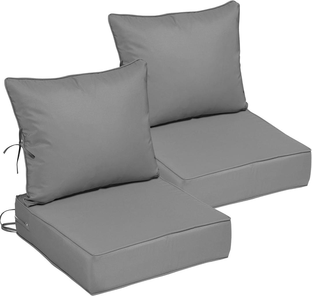 22x22 Outdoor Chair Cushions Set of 2, Waterproof Deep Seat Cushions for Patio Furniture with Removable Cover, Fade Resistant 4'' Outdoor Seat Cushion w/ Ties Handle for Wicker Sofa Couch,Light Gray, 22x22x4in-2Set