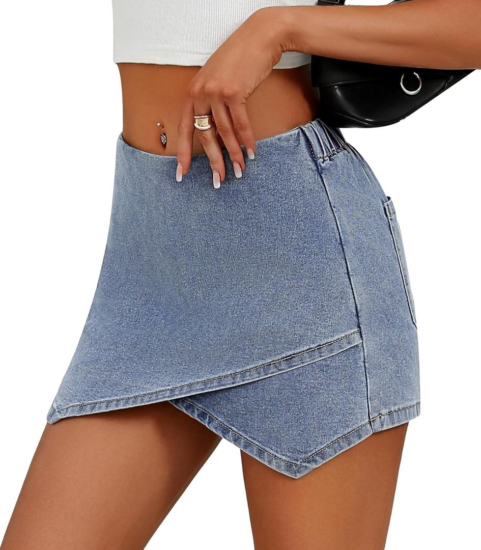 Women's Jean Skorts High Waist Wrap Asymmetrical Hem Mini Skort Stretchy Trendy Casual Denim Skirt Shorts (Blue, S)