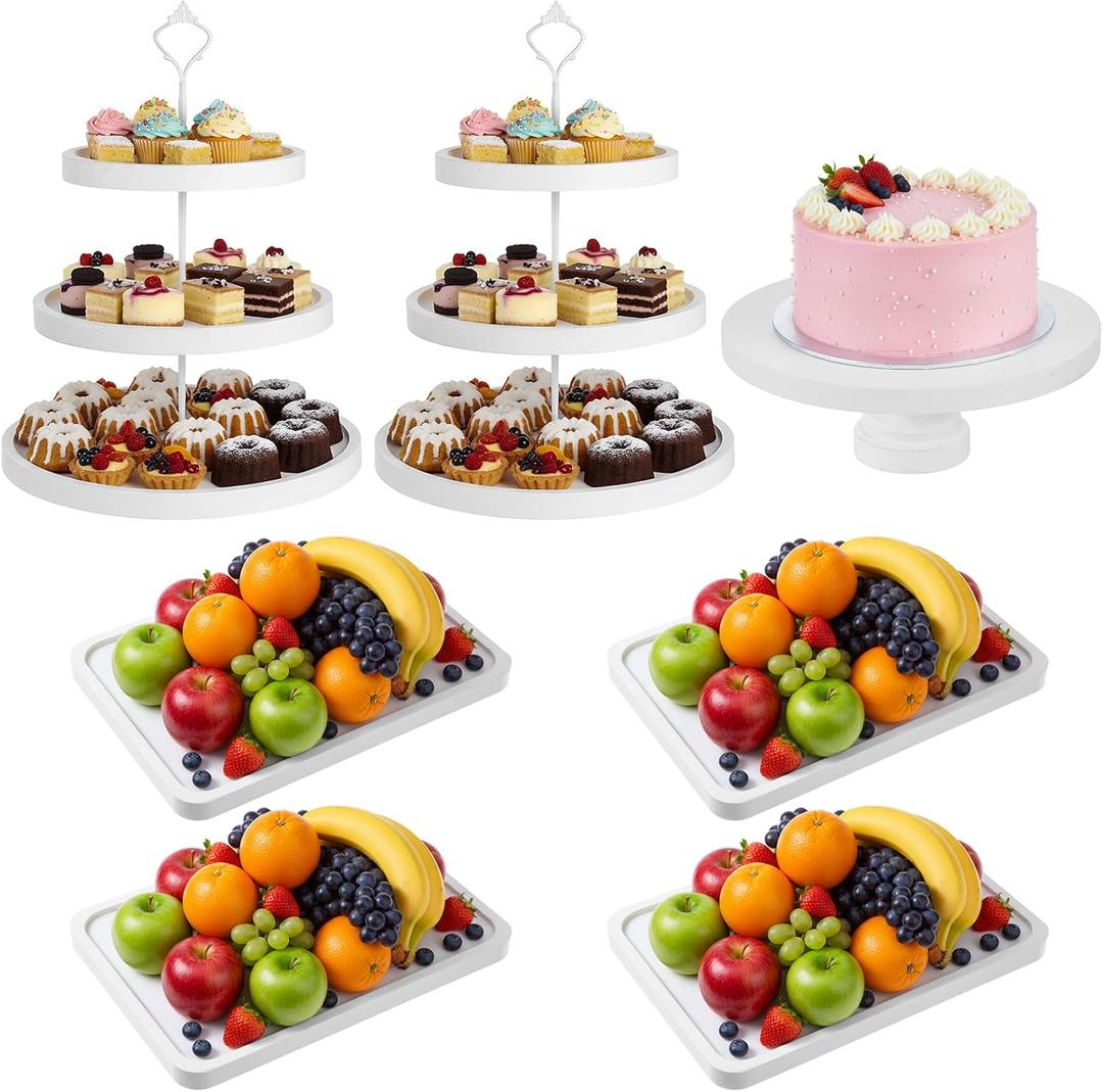 RattanView 7 Pcs Wood Dessert Table Display Set Wooden 3 Tie Cupcake Stands Rustic Round Cake Stand Wood Dessert Serving Trays for Wedding Baby Shower Birthday Tea Party(White)