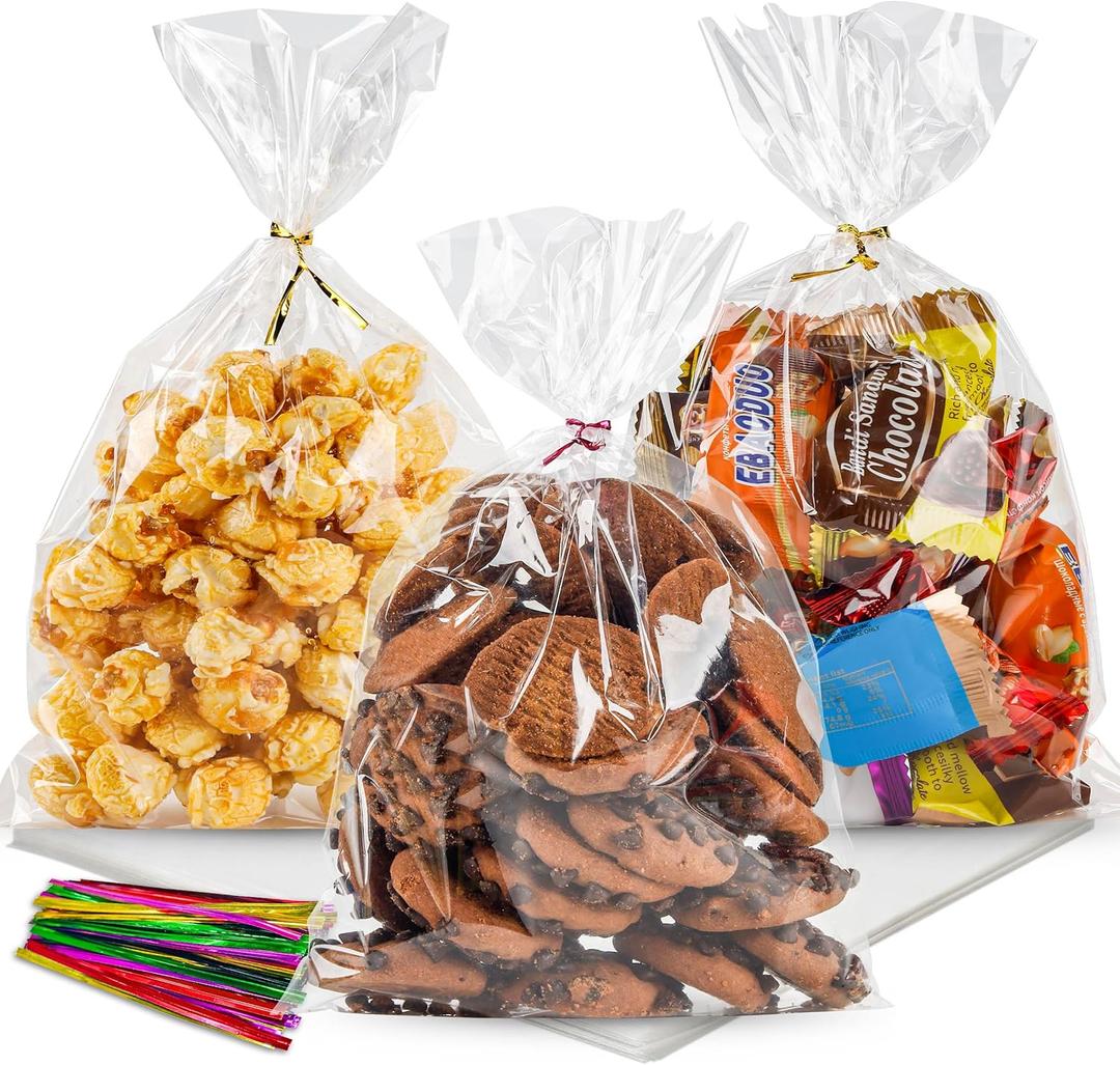 7 x NPLUX Cellophane Treat Bags, 6 x 10 Inch Clear Gift Bags, 100 Pack Cookie Bags with Twist Ties for Candy, Popcorn, Bakery Snacks, Party Favors, Bake Sale and Small Gift Packaging