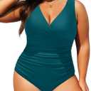 Aqua Eve Women Plus Size One Piece Swimsuits Tummy Control Bathing Suits V Neck Ruched Swimwear (Teal 1, 18W)