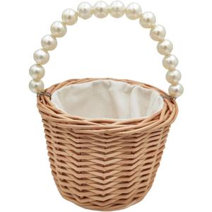 Rustic Wicker Rattan Wedding Flower Girl Baskets,Woven Rattan Storage Basket with Pearl Handles,Woven Eggs Candy Basket for Wedding Home Garden Decor (A)