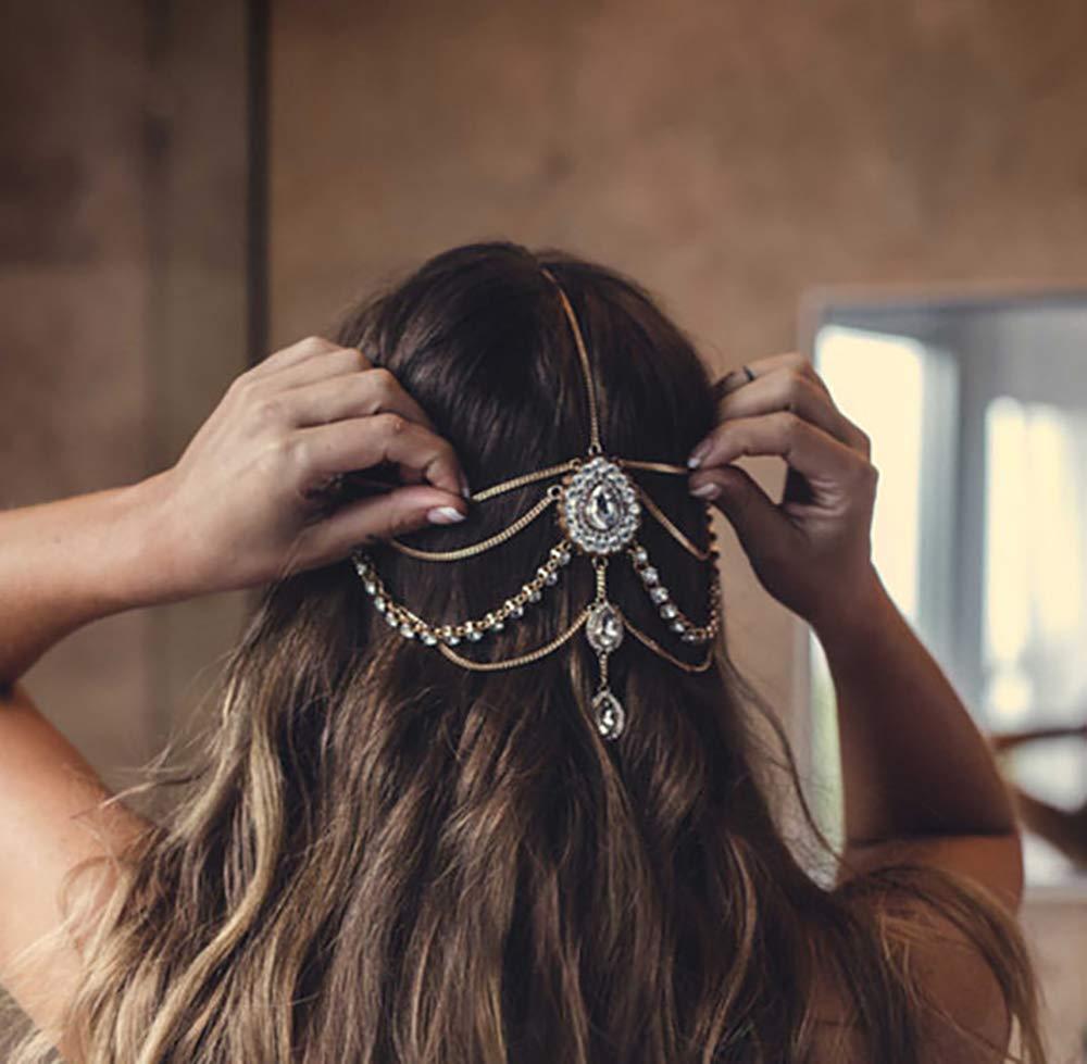 DoubleNine Bohemian Head Chain Bridal Wedding Headpiece Rhinestone Teardrop Headband Crystal Hair Accessories Headpiece Goddess Head Dress for Women (gold)