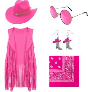 HyperFun Cowgirl Outfits for Women Western Costume Accessories Cowboy Hat Tassels Fringe Vest Earring Hippie Glasses Bandana (XX-Large, Pink)