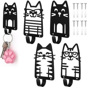 AceOrbit 4 Pcs Glasses Cat Metal Hooks Wall Mount Iron Black Decorative Wall Mounted Coat Hooks Cute Animal Key Hanger Decor Cat Lover Gifts for Clohes, Towels, Hats