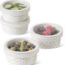 LE TAUCI Ramekins Oven Safe with Lids, 6 oz Ramikin Set for Creme brulee, Souffle, Dipping Sauces, Ceramic Food Storage Containers, Baking Dishes - 4.2 inch, Set of 3, Arctic White