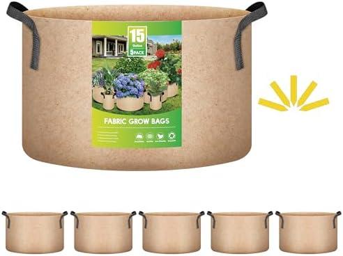 iPower 5 Pack 15 Gallon Tan Grow Bags, Garden Planting Nonwoven Fabric Pots with Reinforced Handle, Heavy Duty and Aeration Planter Pot for Tomato, Fruits, Vegetables and Flowers