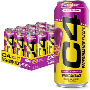 C4 Performance Energy Drink, Grape Popsicle, Zero Sugar Carbonated Preworkout Energy, 200mg Caffeine with Beta Alanine, 16 Fl Oz (12 Pack) | Carbonated, Pre Workout, Performance Drink, no Artificial Colors, no Dyes (EXP 03/01/27)