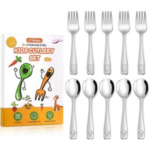 VITEVER 10-Piece Toddler Utensils, Kids Stainless Steel Silverware Set, Children Safe Forks and Spoons - Mirror Polished, Dishwasher Safe