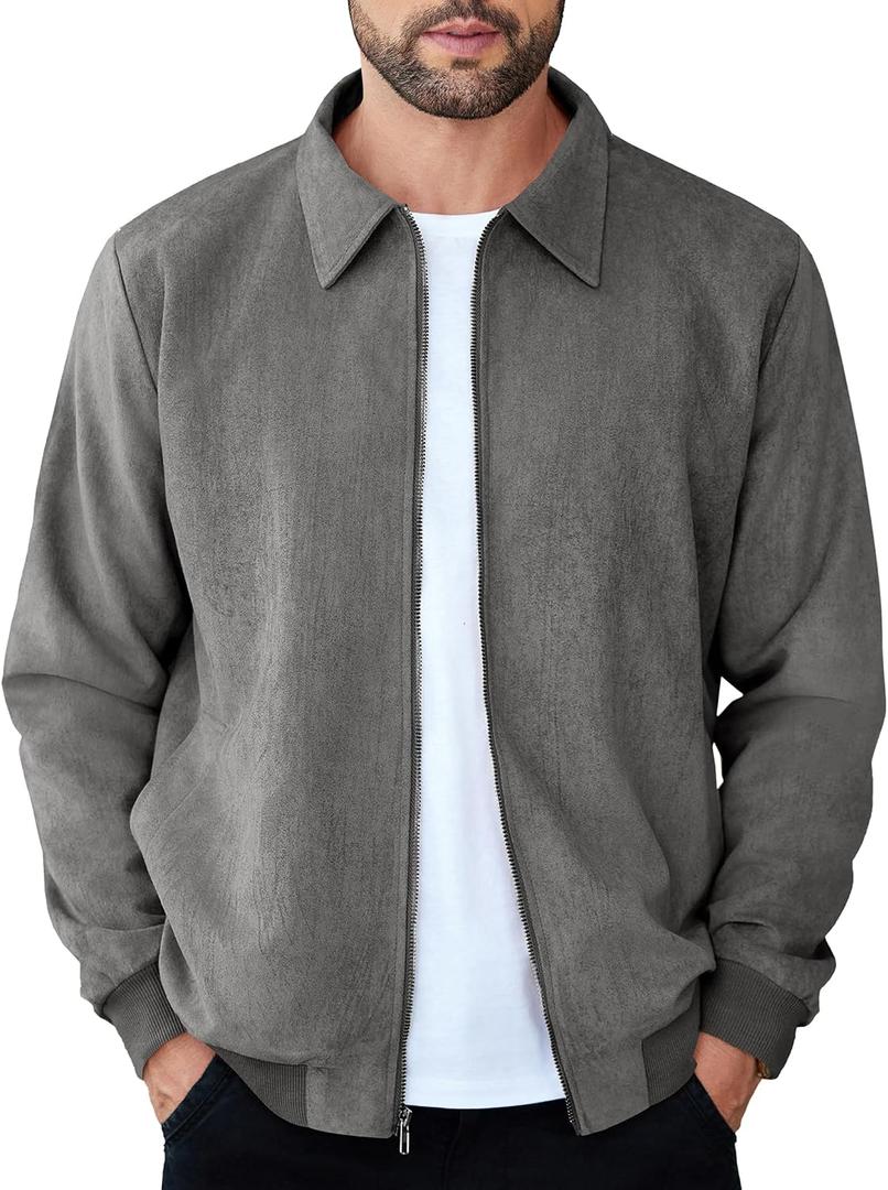 COOFANDY Men's Casual Suede Bomber Jacket Lightweight Full Zip Up Jackets Vintage Faux Leather Jacket (Gray, M)