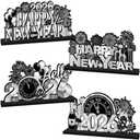 4Pcs New Years Decorations 2026 Wooden Table Decorations Black Silver New Years Eve Party Supplies 2026 Happy New Year Table Centerpieces for Nye decorations 